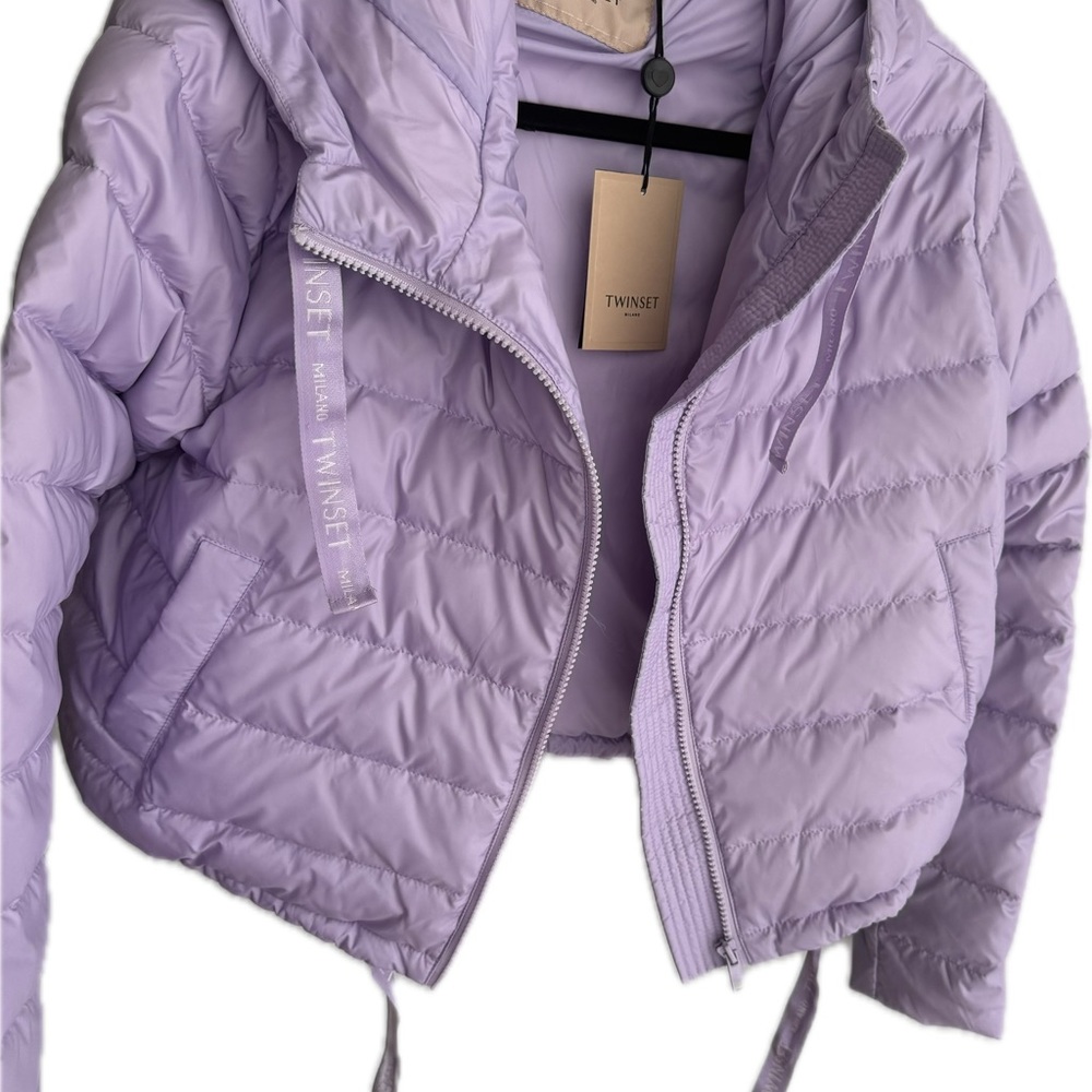 Twinset Milano Lavender Quilted Puffer Jacket with High Collar